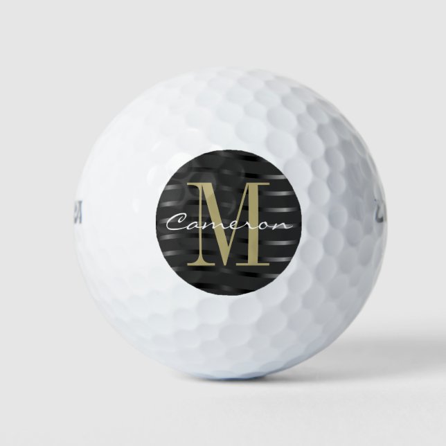 Gold Monogram Initial and Name On Black Gift  Golf Balls (Front)
