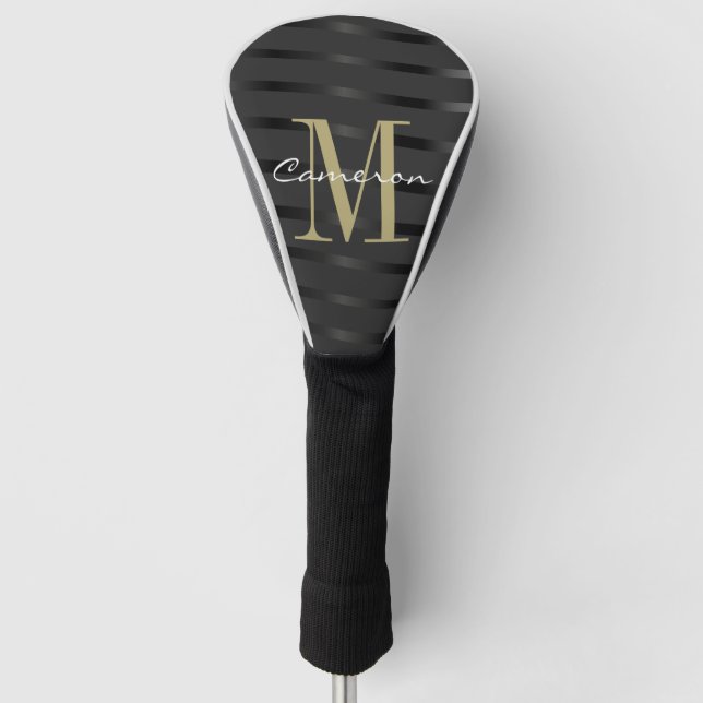 Gold Monogram Initial and Name On Black Gift Golf Head Cover (Front)
