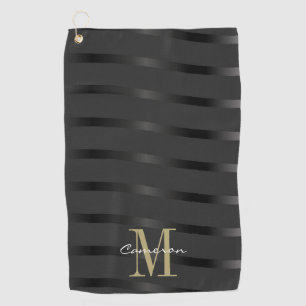 Gold Monogram Initial and Name On Black  Golf Towel