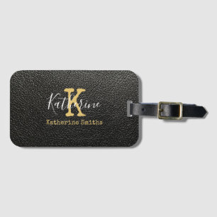 Gold Monogram Initial and Name on black Luggage Tag