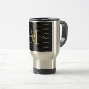 Gold Monogram Initial and Name On Black Travel Mug