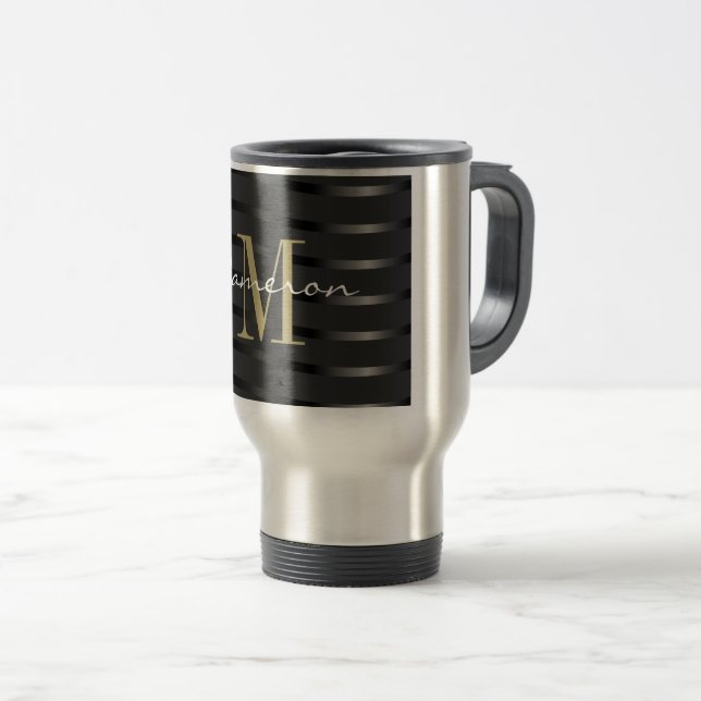 Gold Monogram Initial and Name On Black Travel Mug (Front Right)