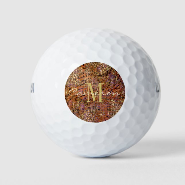 Gold Monogram Initial and Name On Leopard Skin  Go Golf Balls (Front)