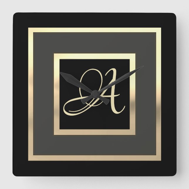 Gold Monogram Initial Framed Any Colour Square Wall Clock (Front)