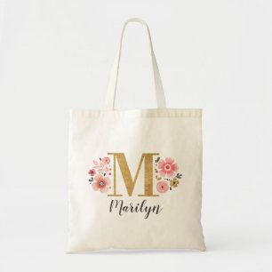 Gold Monogram Initial Letter "M" Floral Tote Bag
