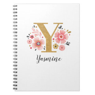 Gold Monogram Initial Letter Y Floral Notebook