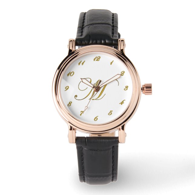 Gold Monogram Initial M Watch with Gold Numbers (Front)