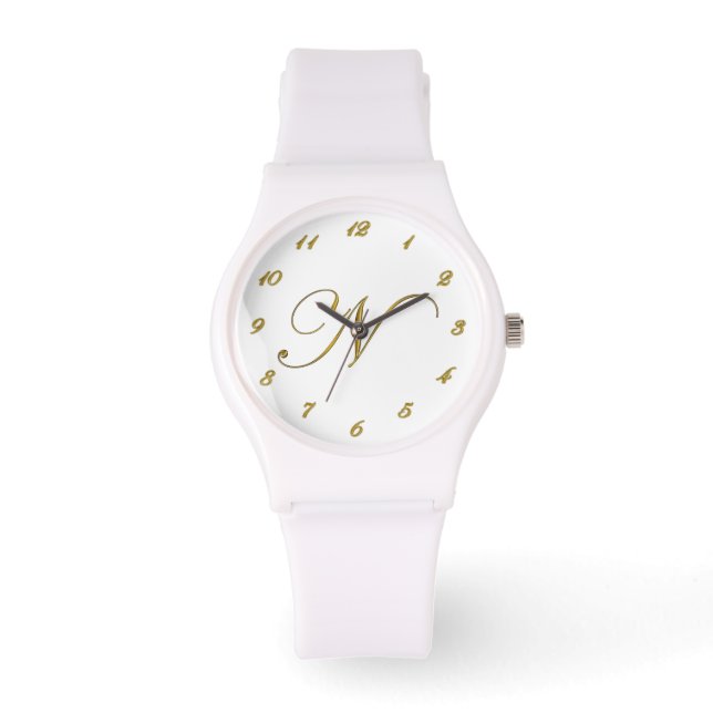 Gold Monogram Initial N Watch with Gold Numbers (Front)
