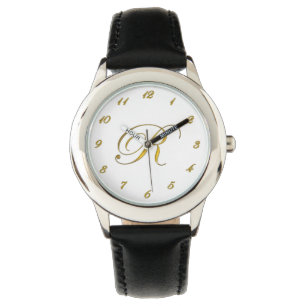 Gold Monogram Initial R Watch with Gold Numbers