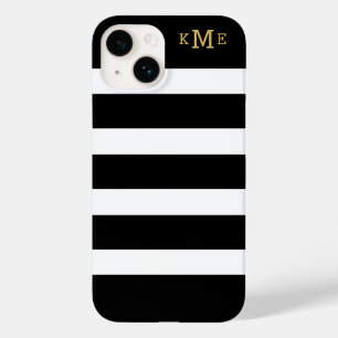 Gold Monogram Initials Black and White Stripes Case-Mate iPhone 14 Case