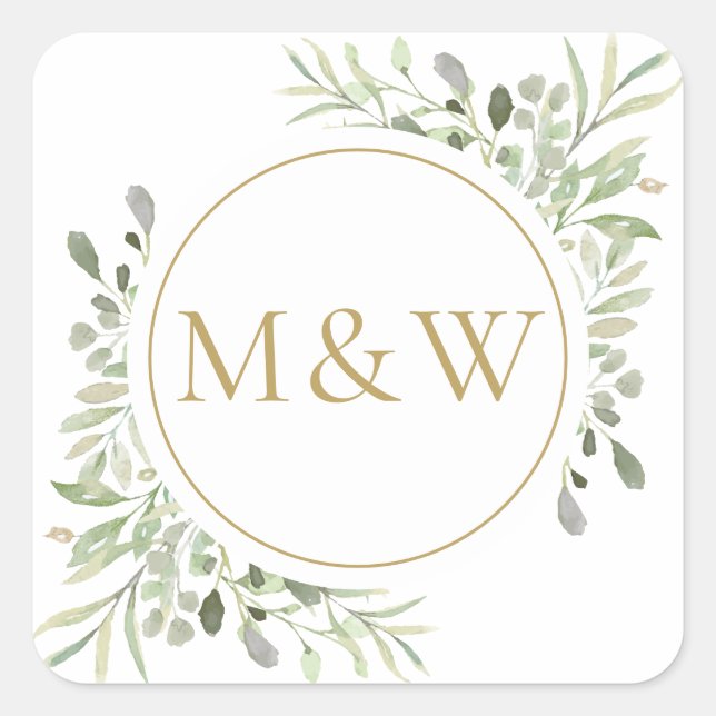 Gold Monogram Initials Greenery Watercolor Foliage Square Sticker (Front)