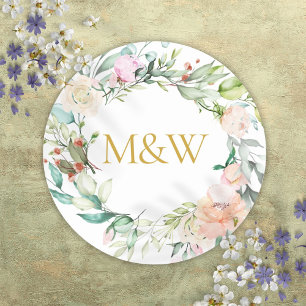 Gold Monogram Initials Roses Garland Floral Classic Round Sticker