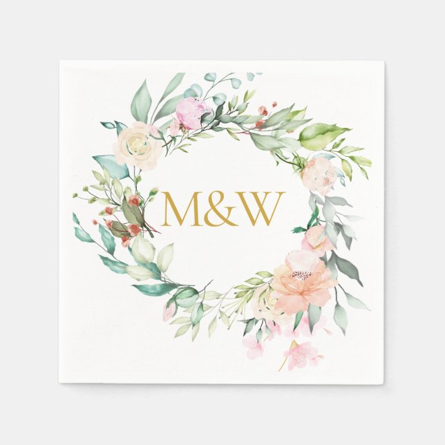Gold Monogram Initials Roses Garland Floral Napkin (Front)