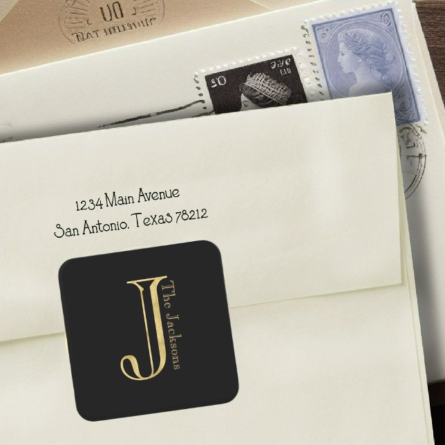 Gold Monogram J and Name on Any Colour Square Sticker (Creator Uploaded)