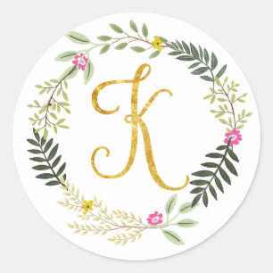 Gold Monogram Leaf K Classic Round Sticker