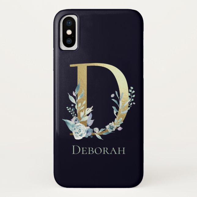 Gold Monogram Letter D Navy Blue Floral Name Case-Mate iPhone Case (Back)