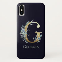 Gold Monogram Letter E Navy Blue Floral Name