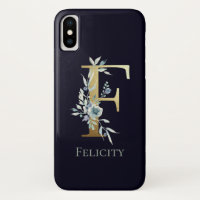 Gold Monogram Letter F Dark Blue Floral Name