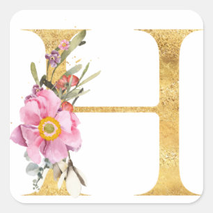 Gold MONOGRAM letter H with flowers Square Sticker