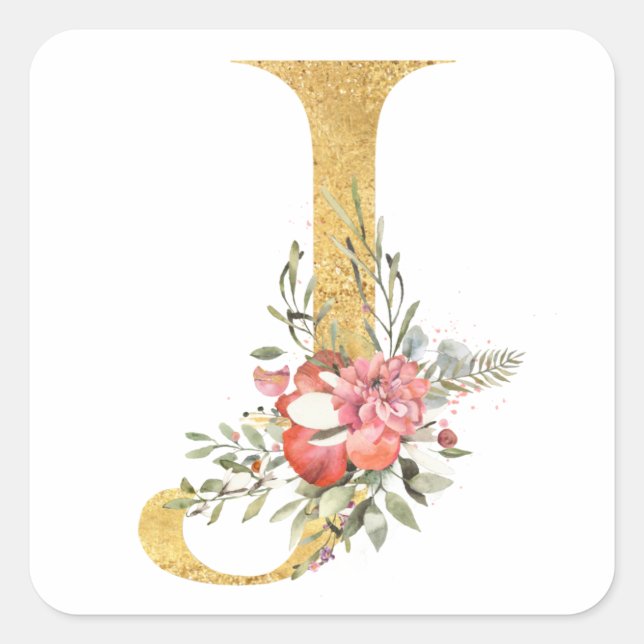 Gold MONOGRAM letter J with flowers Square Sticker (Front)