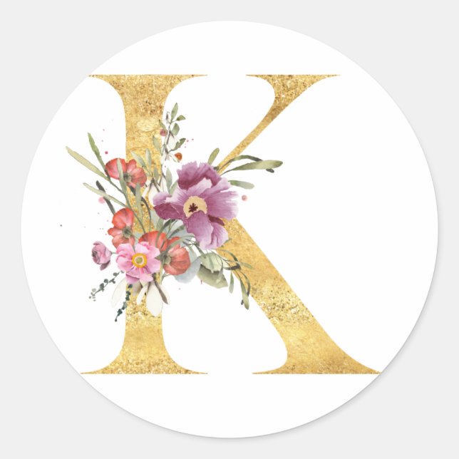Gold MONOGRAM letter K with flowers Classic Round Sticker (Front)