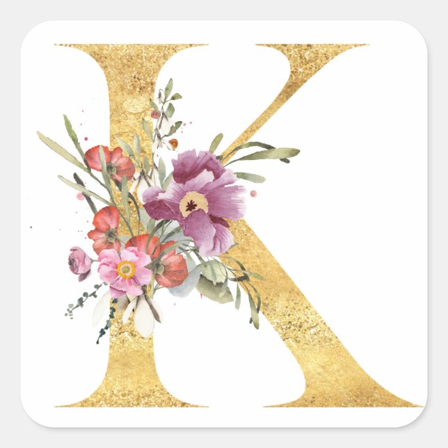 Gold MONOGRAM letter K with flowers Square Sticker (Front)