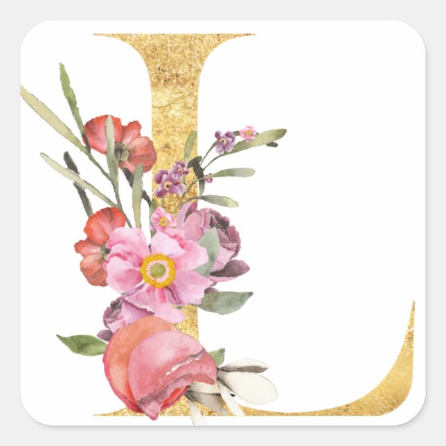 Gold MONOGRAM letter L with flower Square Sticker (Front)