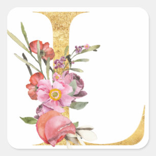 Gold MONOGRAM letter L with flower Square Sticker