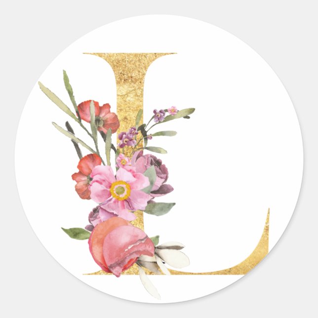 Gold MONOGRAM letter L with flowers Classic Round Sticker (Front)