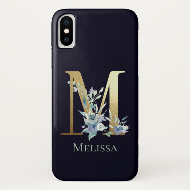 Gold Monogram Letter M Navy Blue Floral Name Case-Mate iPhone Case (Back)
