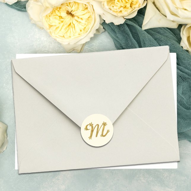 Gold Monogram Letter M with Floral Details Cream Classic Round Sticker (A fancy gold letter m cream envelope sticker just for you)