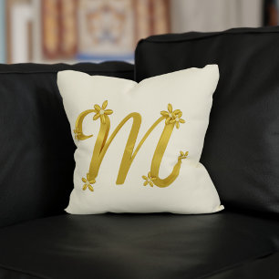 Gold Monogram Letter M with Floral Details Cream Cushion