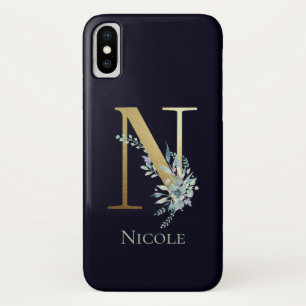 Gold Monogram Letter N Navy Blue Floral Name iPhone X Case