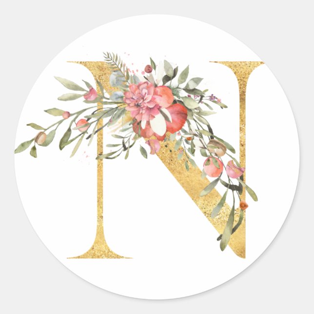 Gold MONOGRAM letter N with flower Classic Round Sticker (Front)