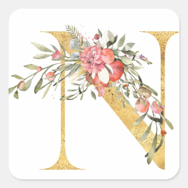 Gold MONOGRAM letter N with flower Square Sticker (Front)