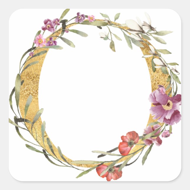 Gold MONOGRAM letter O with flower Square Sticker (Front)