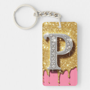 Gold Monogram Letter P Pink Diamond Initial Gift Key Ring
