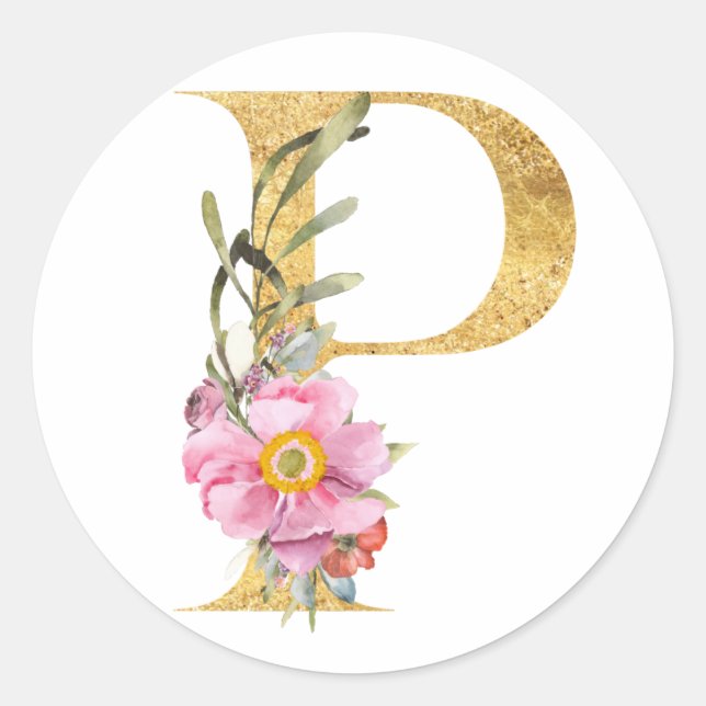 Gold MONOGRAM letter P with flower Classic Round Sticker (Front)