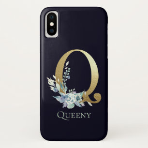 Gold Monogram Letter Q Navy Blue Floral Name iPhone X Case