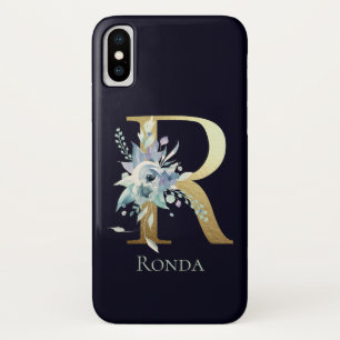 Gold Monogram Letter R Navy Blue Floral Name iPhone X Case