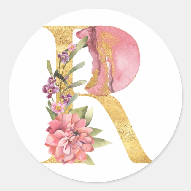 Gold MONOGRAM letter R with flower Classic Round Sticker (Front)