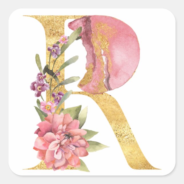Gold MONOGRAM letter R with flower Square Sticker (Front)