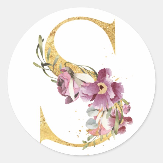 Gold MONOGRAM letter S with flower Classic Round Sticker (Front)
