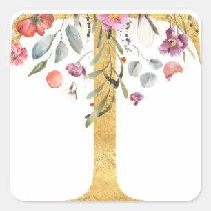 Gold MONOGRAM letter T with flower Square Sticker