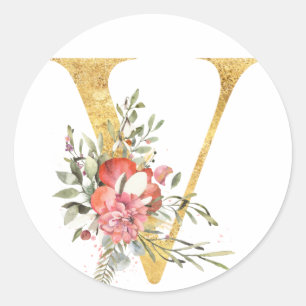 Gold MONOGRAM letter V with flower Classic Round Sticker