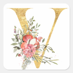 Gold MONOGRAM letter V with flower Square Sticker