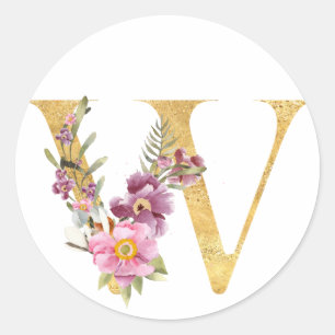 Gold MONOGRAM letter W with flower Classic Round Sticker