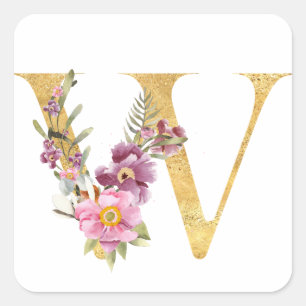 Gold MONOGRAM letter W with flower Square Sticker