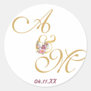 Gold MONOGRAM letter WEDDING PERSONALISED Classic Round Sticker