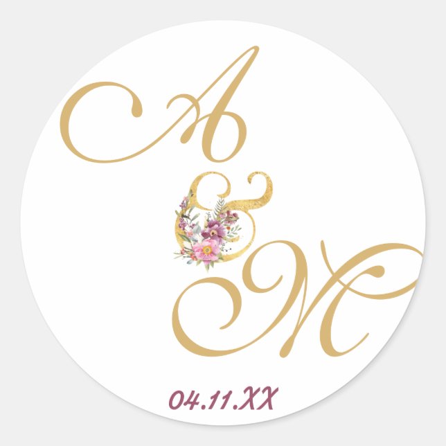 Gold MONOGRAM letter WEDDING PERSONALISED Classic Round Sticker (Front)